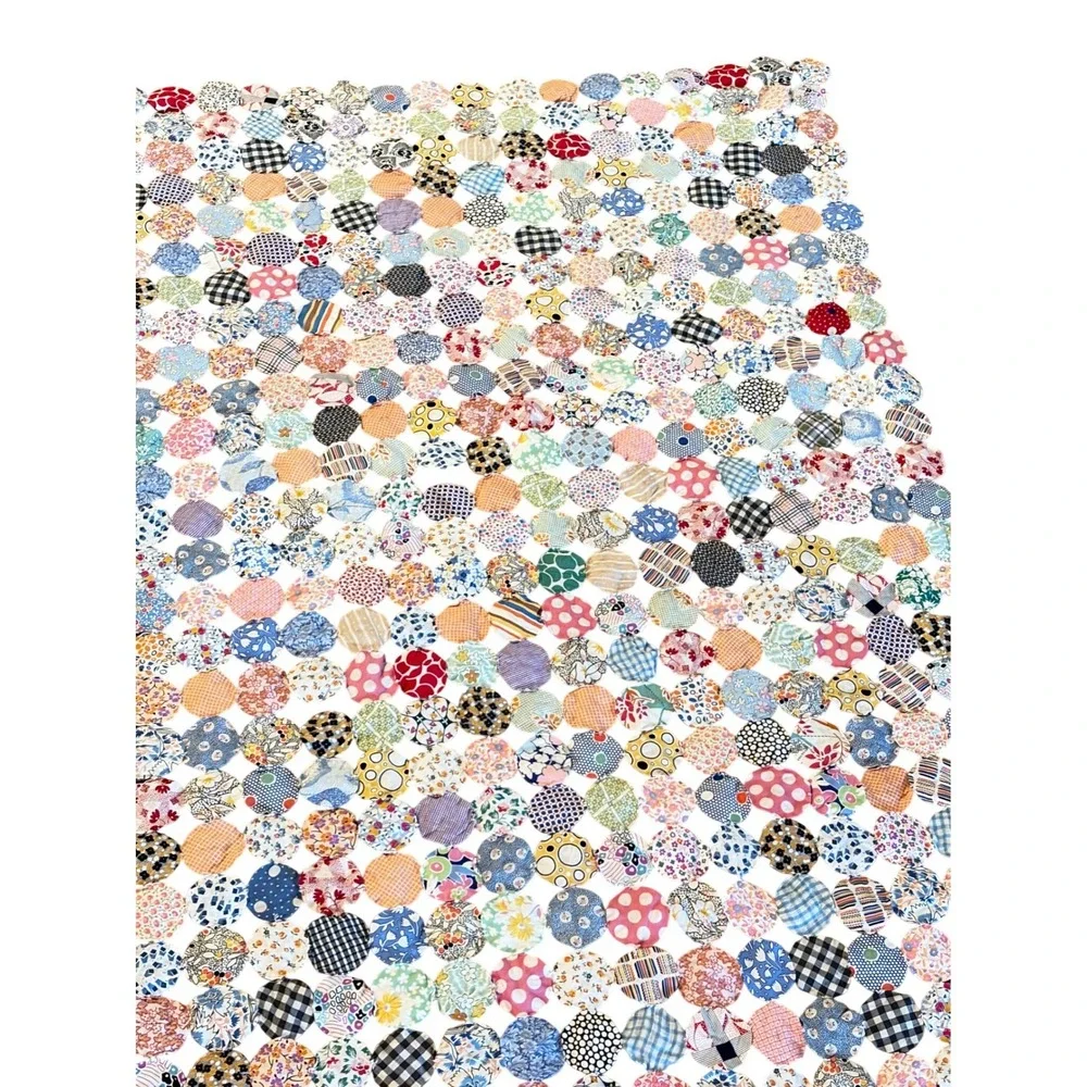 Vintage Handmade Yo-Yo Quilt 72 x 48 Feedsack Fabric Folk Art Textile 1930-1950s